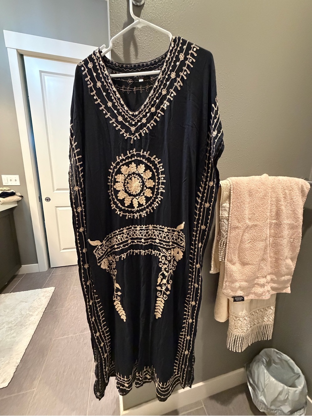 Embroidered Black Maxi Dress with Cream Floral Accents